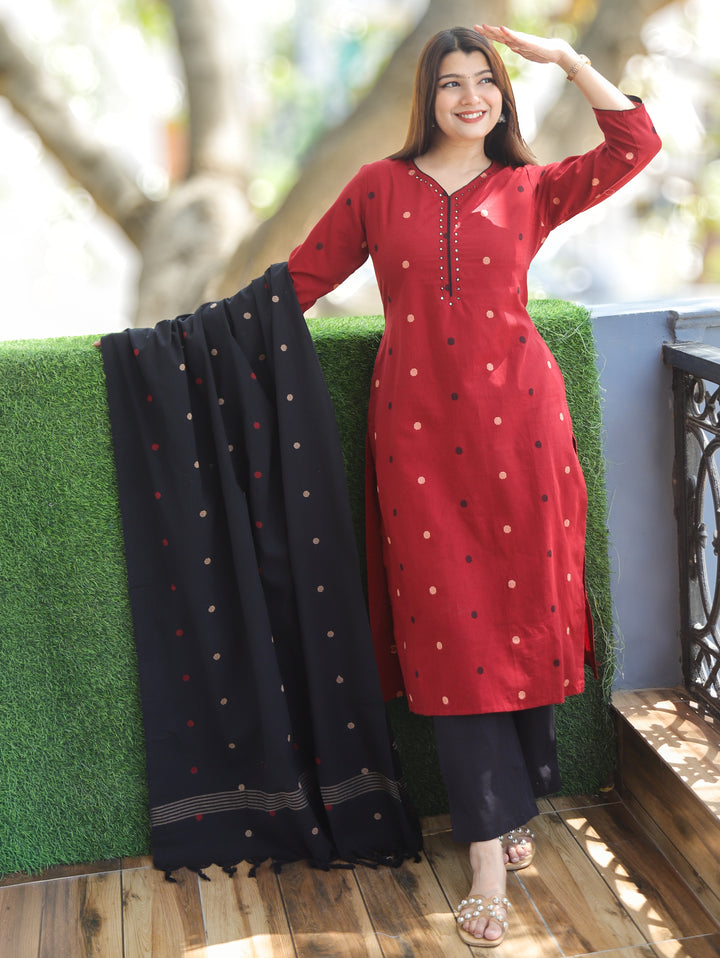 Camila Maroon Weaved South Cotton 3 Piece Set