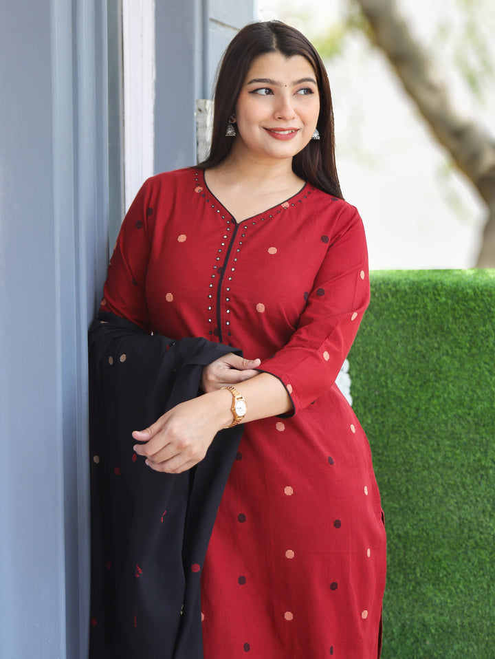 Camila Maroon Weaved South Cotton 3 Piece Set