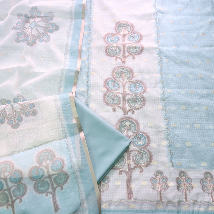 Tanishka Powder Blue Chain Style Zari Work Panel with Floral Printed Kota Doriya Set