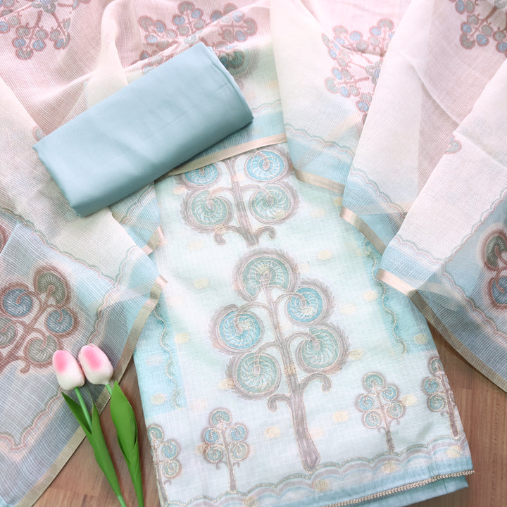 Tanishka Powder Blue Chain Style Zari Work Panel with Floral Printed Kota Doriya Set