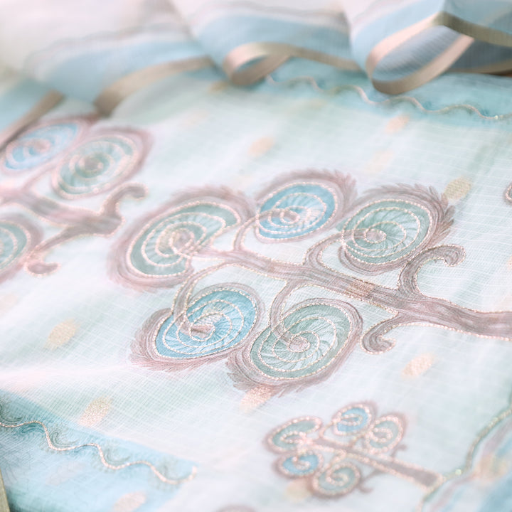 Tanishka Powder Blue Chain Style Zari Work Panel with Floral Printed Kota Doriya Set