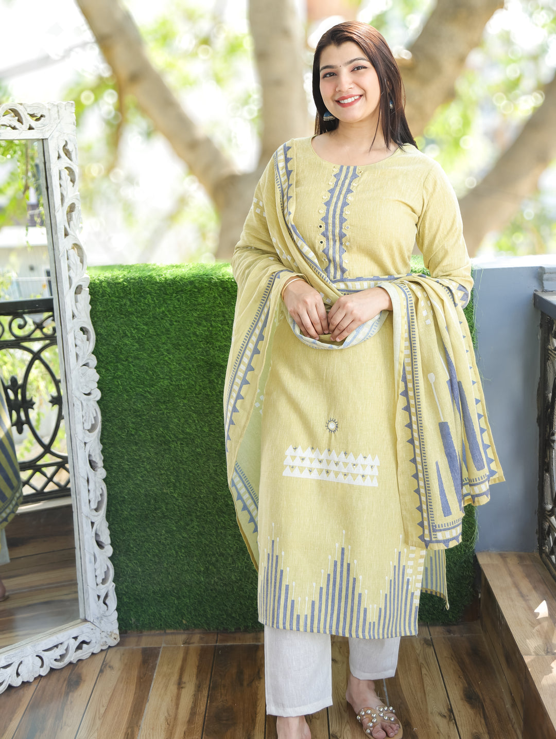 Aadhira Pista Green Mirror with Thread Work on Neck Printed Cotton Linen Set