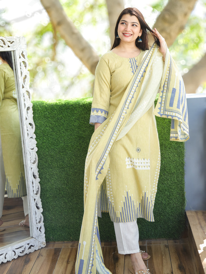 Aadhira Pista Green Mirror with Thread Work on Neck Printed Cotton Linen Set