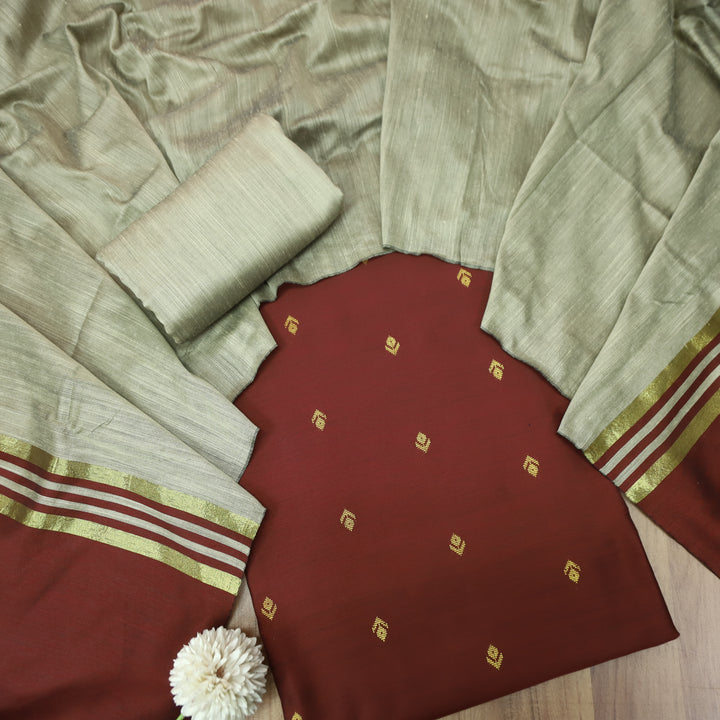 Premika Dark Maroon Red All Over Thread Weaved Work Cotton Silk Suit Set