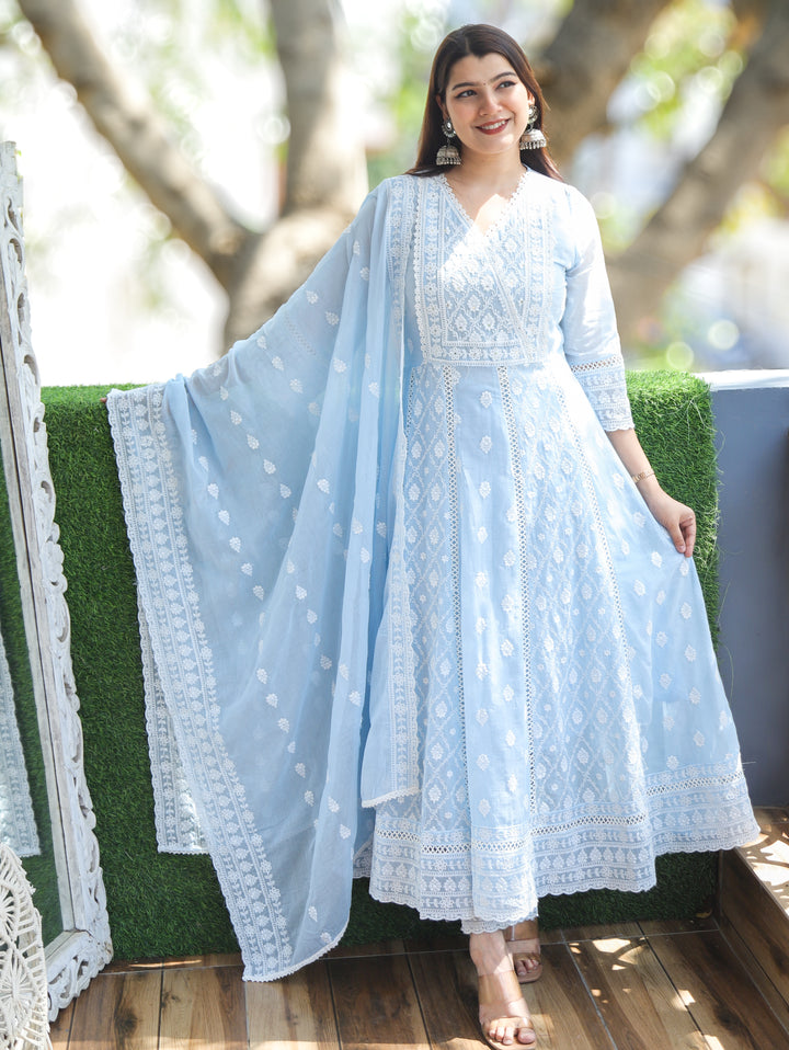 Millie Ice Blue Anarkali Mul Cotton 3 Piece Set