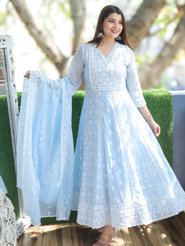 Millie Ice Blue Anarkali Mul Cotton 3 Piece Set