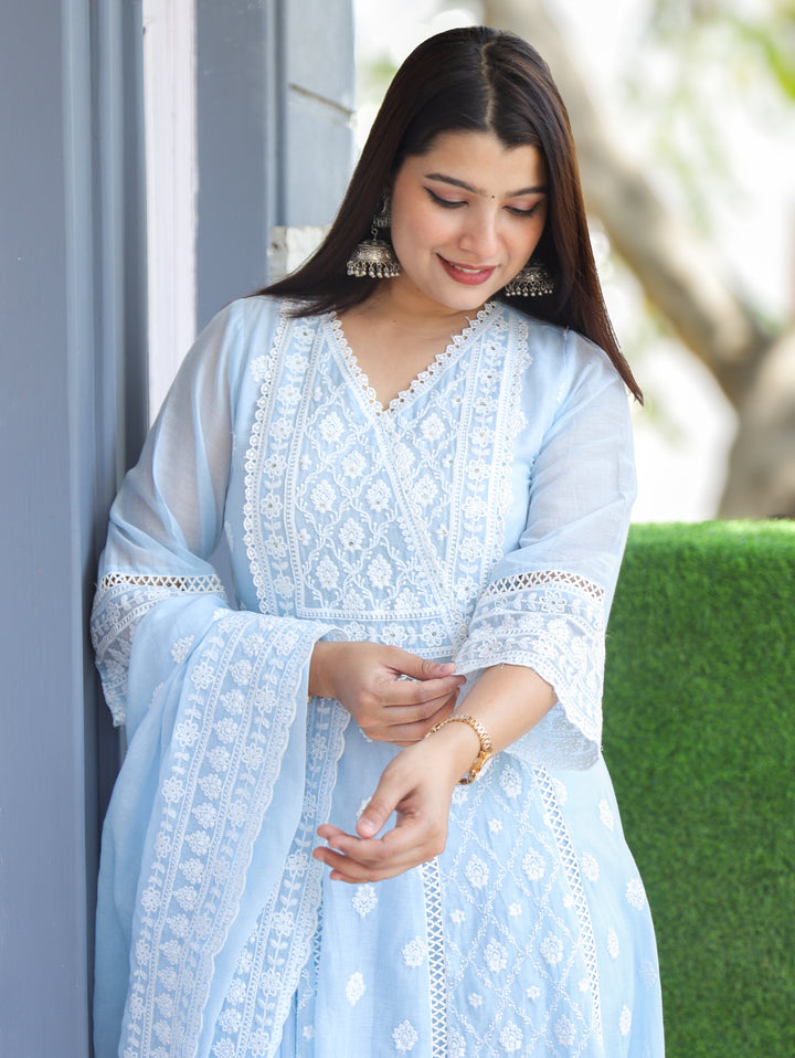 Millie Ice Blue Anarkali Mul Cotton 3 Piece Set