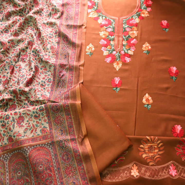 सूरजमुखी Rust Brown with Kashida Embroidery Work Semi Pashmina Winter Set