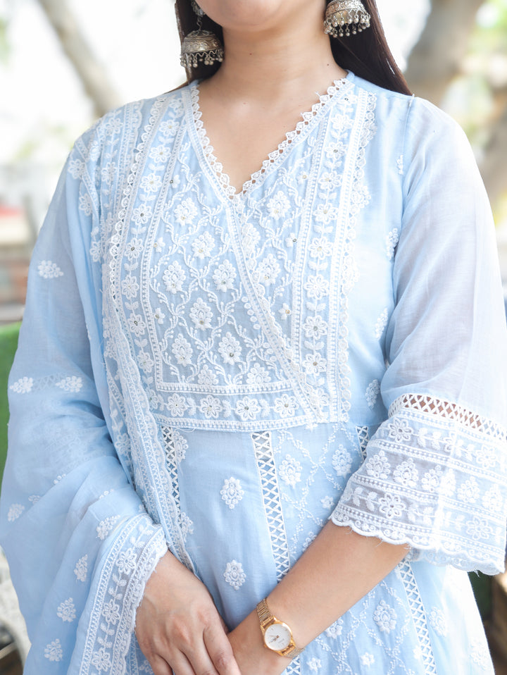 Millie Ice Blue Anarkali Mul Cotton 3 Piece Set