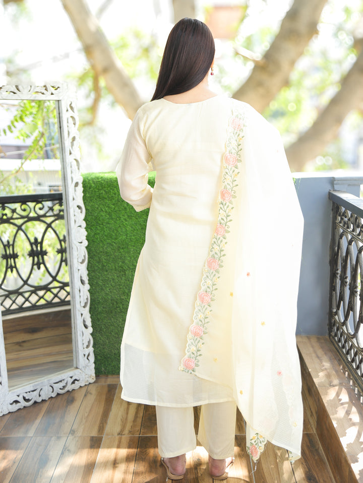 Chandbali Buttermilk Yellow Floral Embroidered V Neck Work Kota Doriya 3 Piece Set