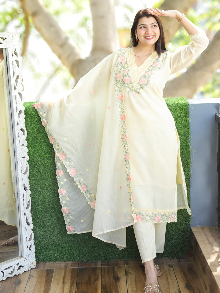Chandbali Buttermilk Yellow Floral Embroidered V Neck Work Kota Doriya 3 Piece Set
