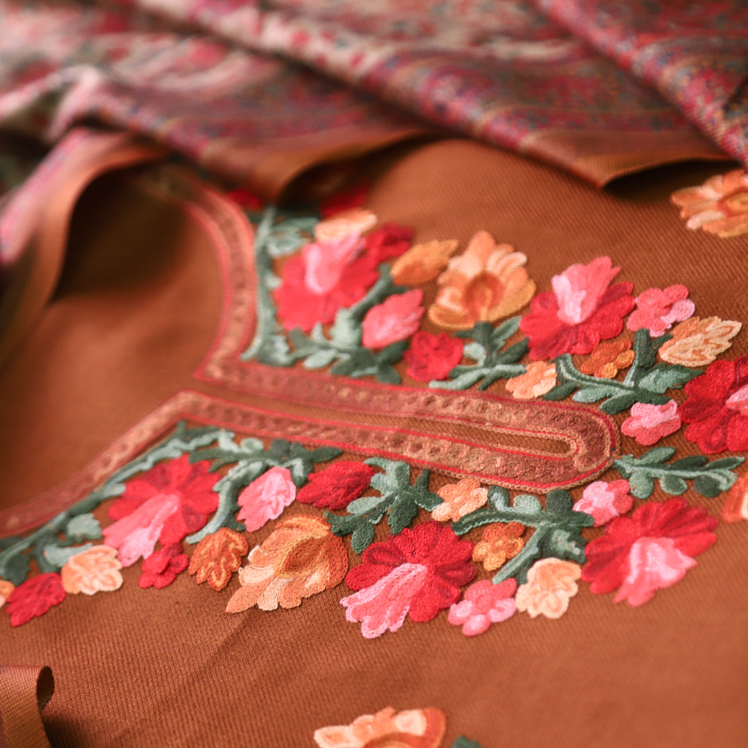 सूरजमुखी Rust Brown with Kashida Embroidery Work Semi Pashmina Winter Set