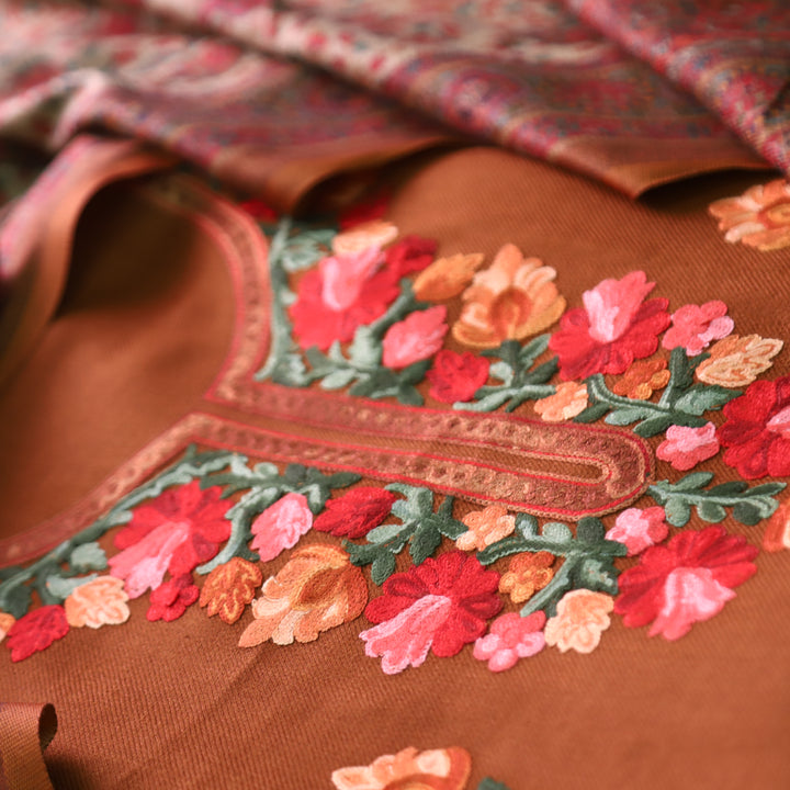 सूरजमुखी Rust Brown with Kashida Embroidery Work Semi Pashmina Winter Set