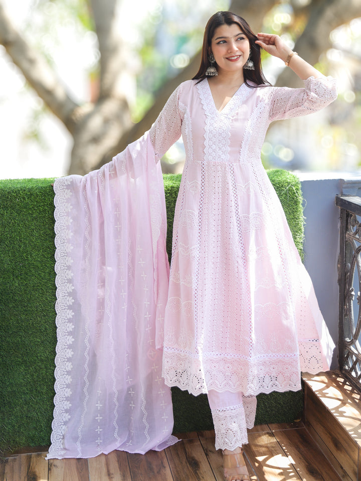 Millie Frosty Pink Anarkali Mul Cotton 3 Piece Set