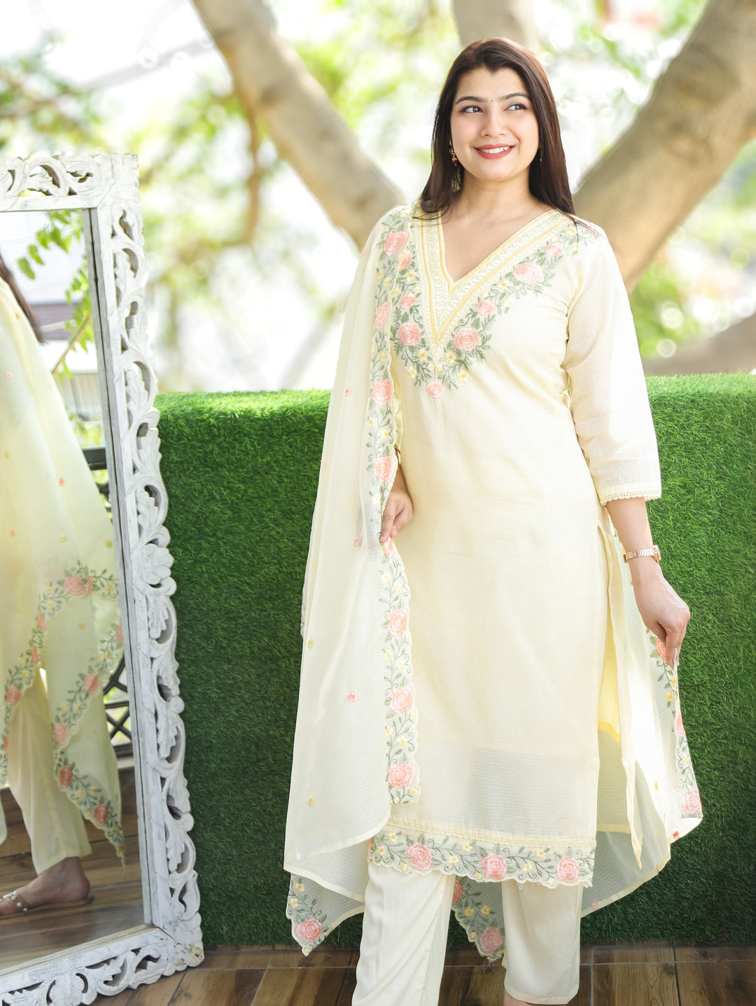Chandbali Buttermilk Yellow Floral Embroidered V Neck Work Kota Doriya 3 Piece Set