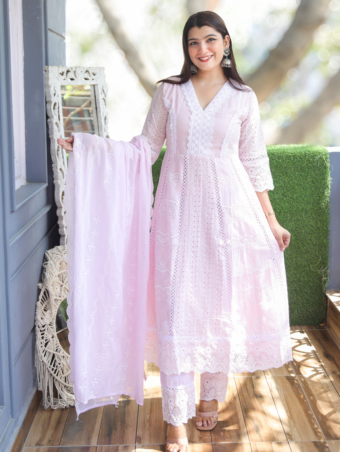 Millie Frosty Pink Anarkali Mul Cotton 3 Piece Set