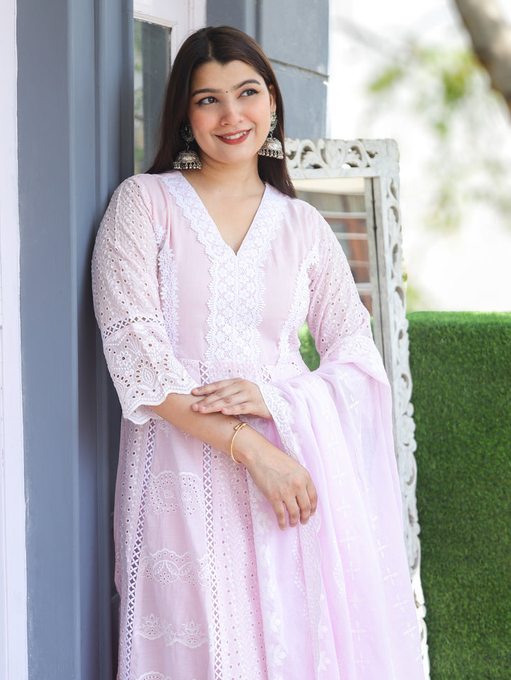Millie Frosty Pink Anarkali Mul Cotton 3 Piece Set