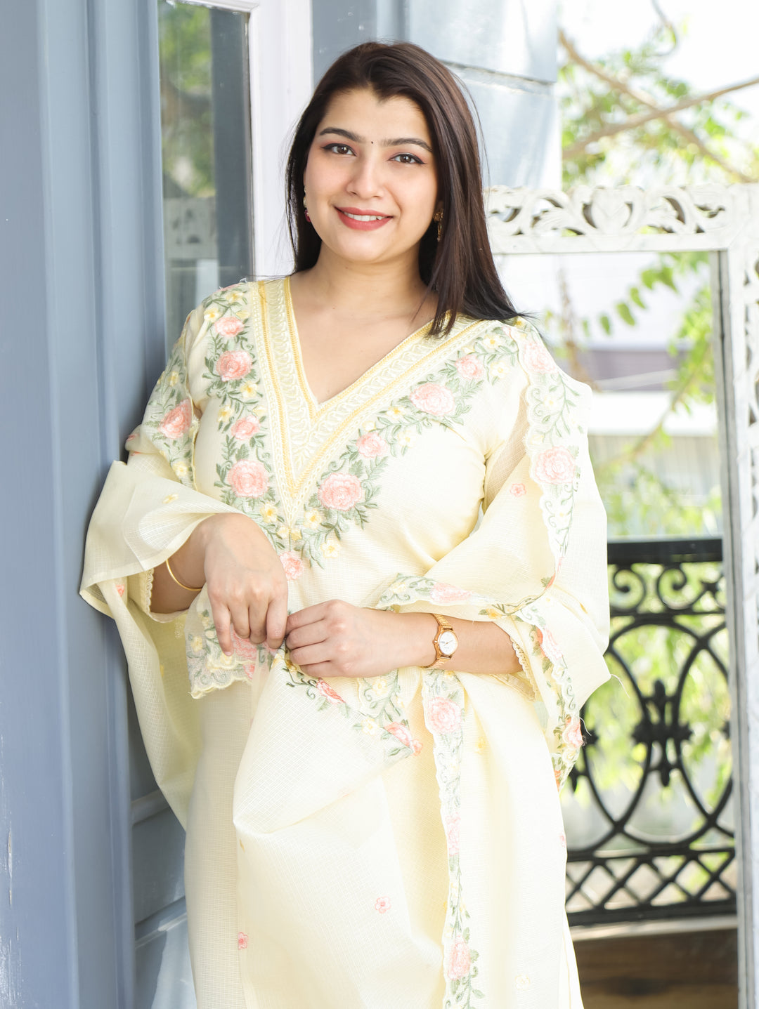 Chandbali Buttermilk Yellow Floral Embroidered V Neck Work Kota Doriya 3 Piece Set