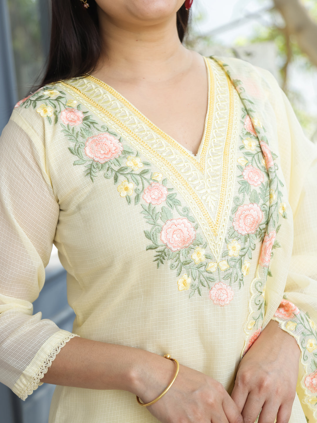 Chandbali Buttermilk Yellow Floral Embroidered V Neck Work Kota Doriya 3 Piece Set