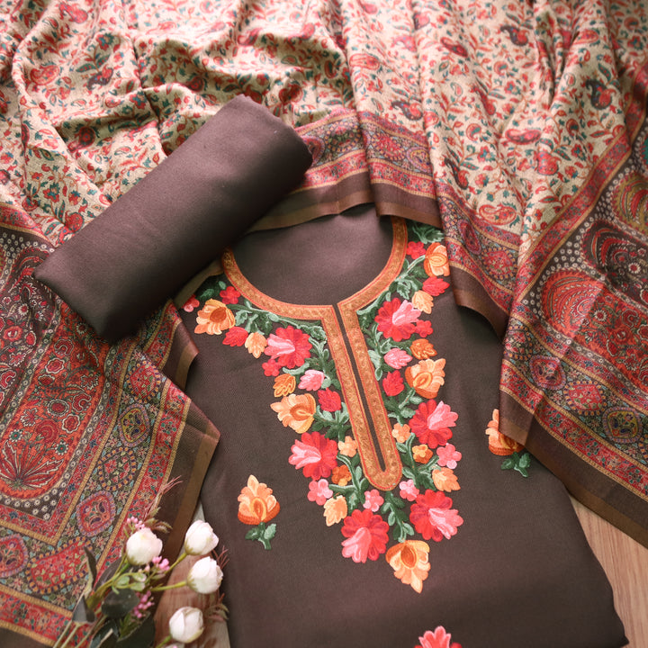 सूरजमुखी Charcoal Grey with Kashida Embroidery Work Semi Pashmina Winter Set