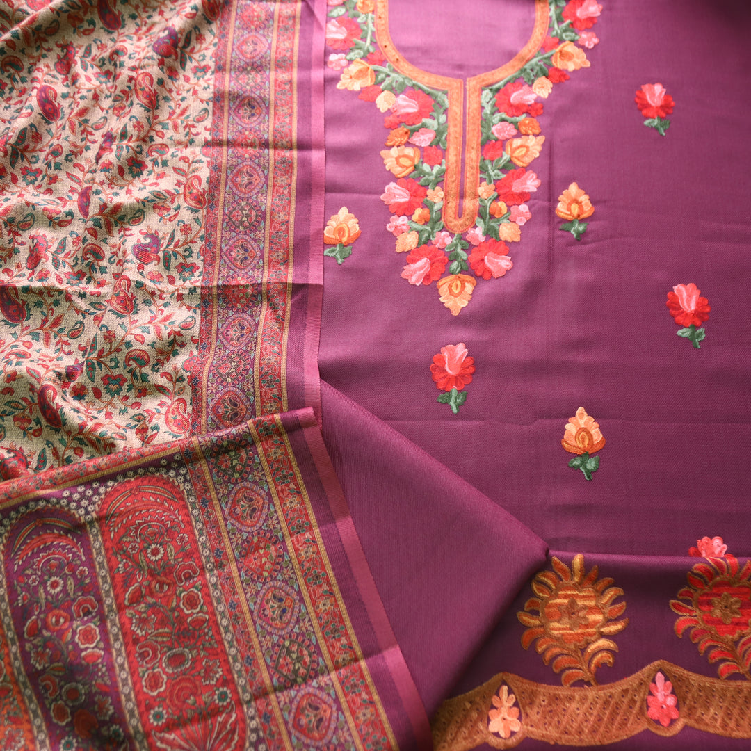 सूरजमुखी Onion Purple with Kashida Embroidery Work Semi Pashmina Winter Set