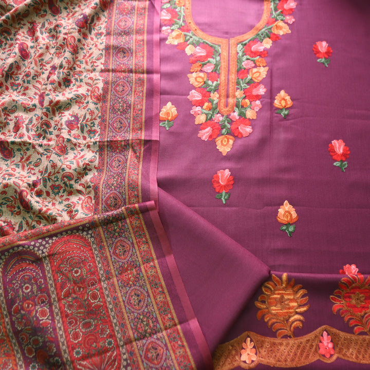 सूरजमुखी Onion Purple with Kashida Embroidery Work Semi Pashmina Winter Set