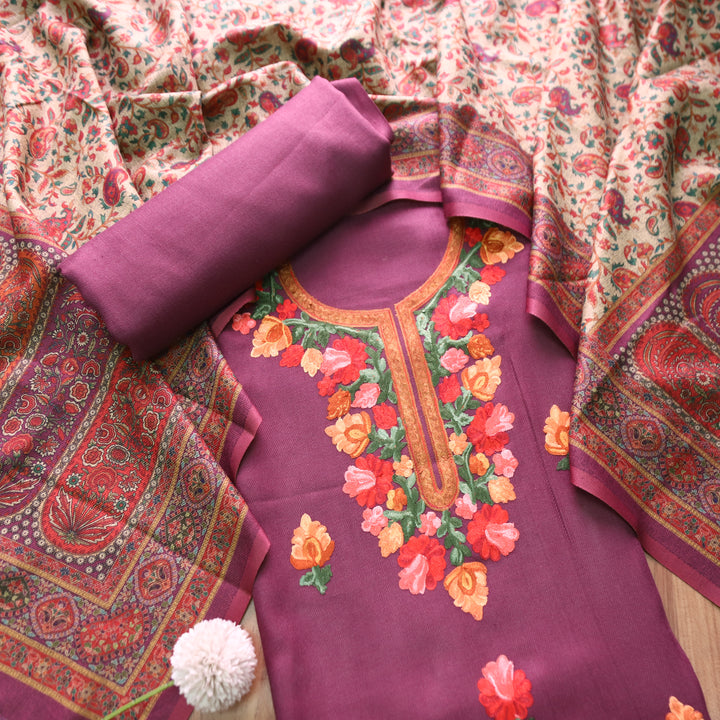 सूरजमुखी Onion Purple with Kashida Embroidery Work Semi Pashmina Winter Set