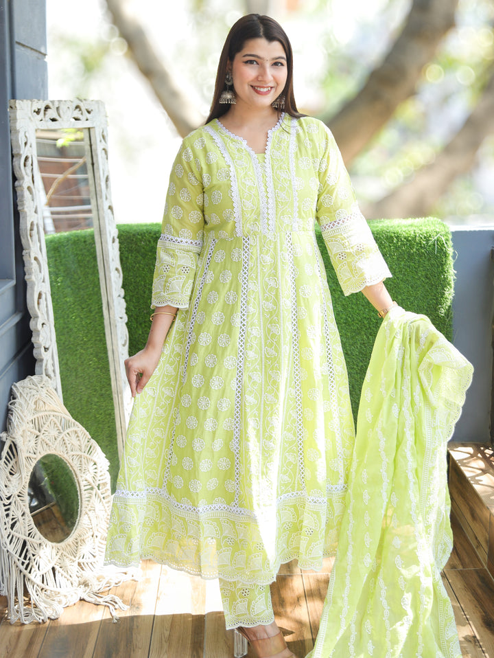 Millie Leaf Green Anarkali Mul Cotton 3 Piece Set