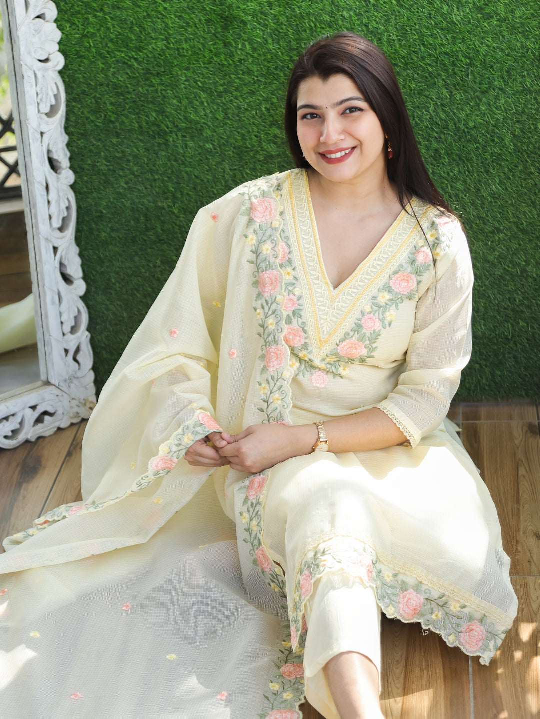 Chandbali Buttermilk Yellow Floral Embroidered V Neck Work Kota Doriya 3 Piece Set