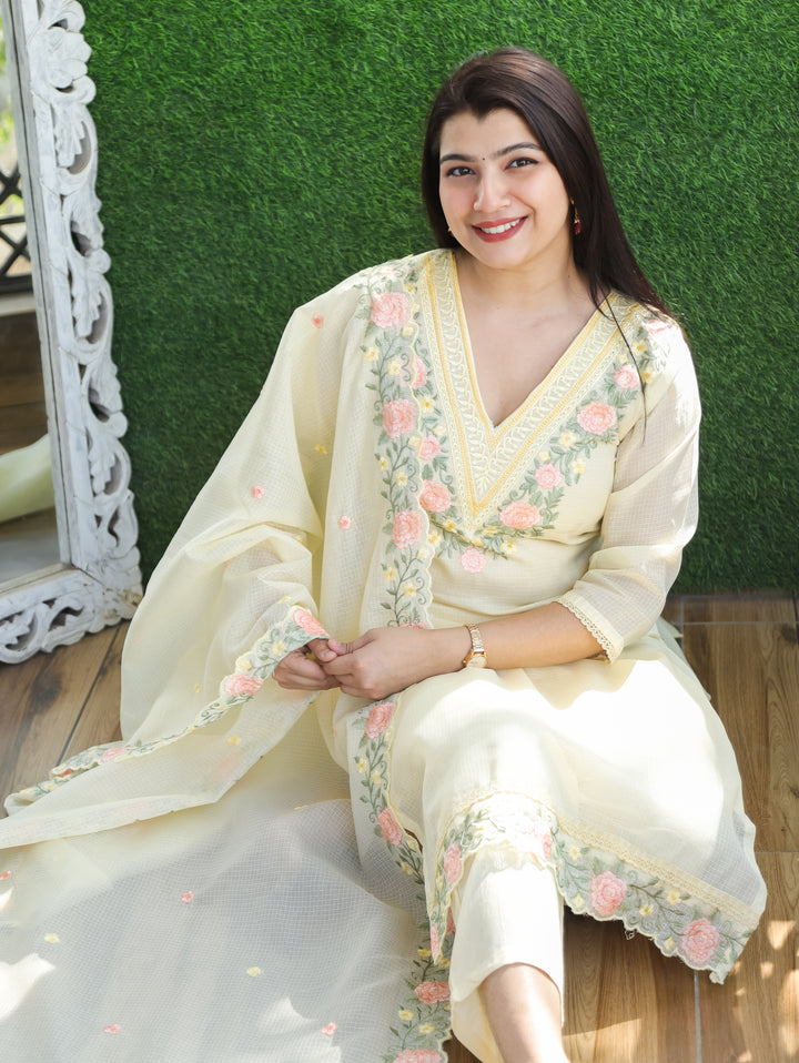 Chandbali Buttermilk Yellow Floral Embroidered V Neck Work Kota Doriya 3 Piece Set