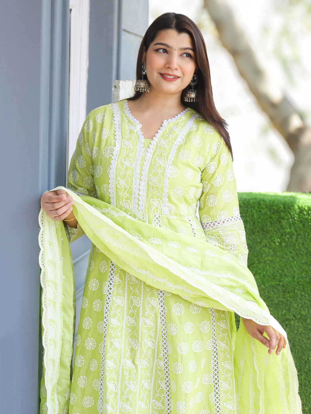 Millie Leaf Green Anarkali Mul Cotton 3 Piece Set