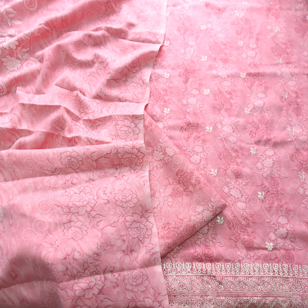मोहक Petal Pink Floral Print with Thread Work Hem Semi Pashmina Winter Set