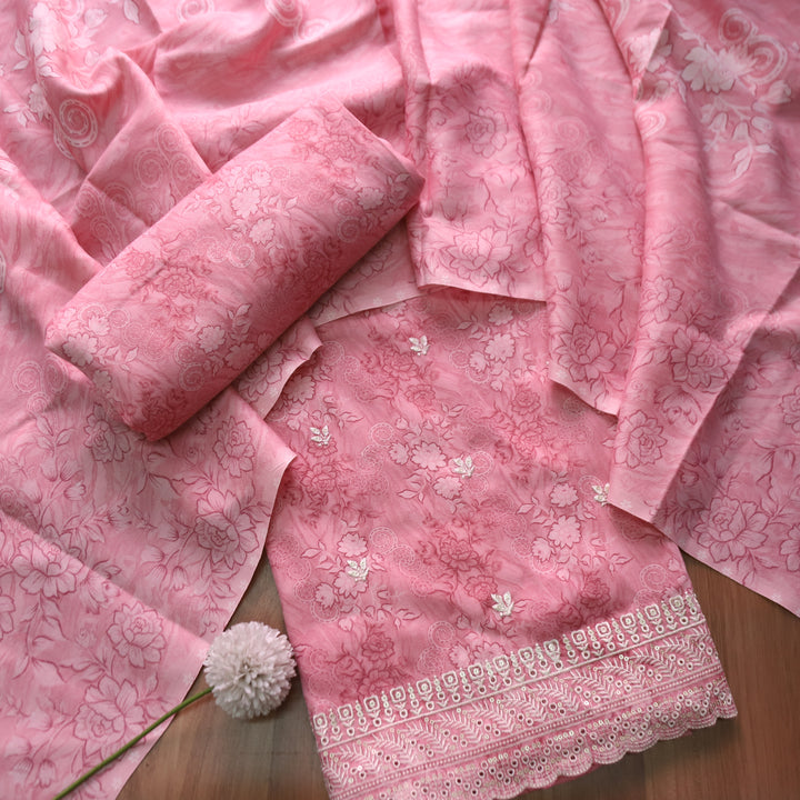 मोहक Petal Pink Floral Print with Thread Work Hem Semi Pashmina Winter Set
