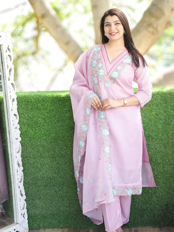 Chandbali Lilly Lilac Floral Embroidered V Neck Work Kota Doriya 3 Piece Set