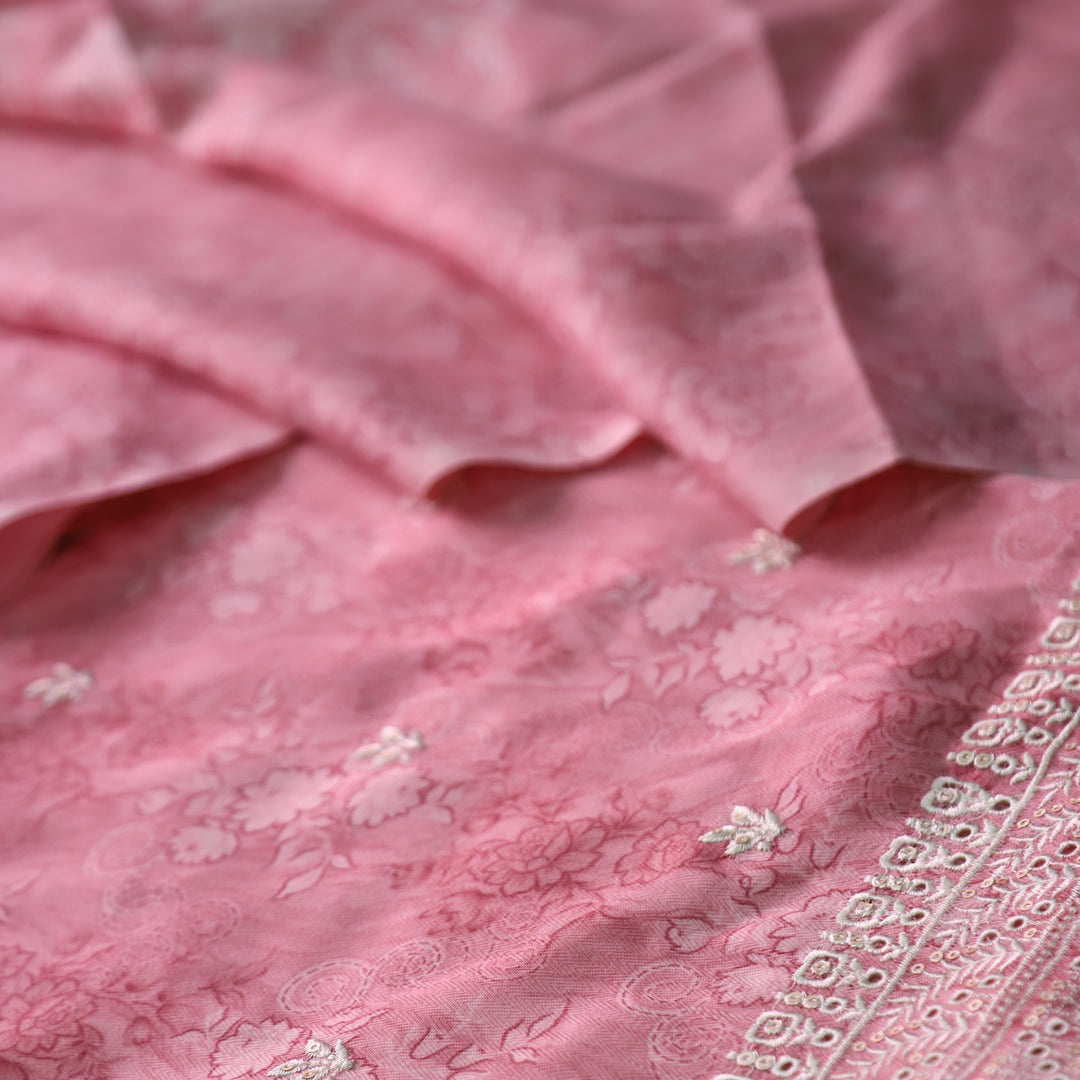 मोहक Petal Pink Floral Print with Thread Work Hem Semi Pashmina Winter Set