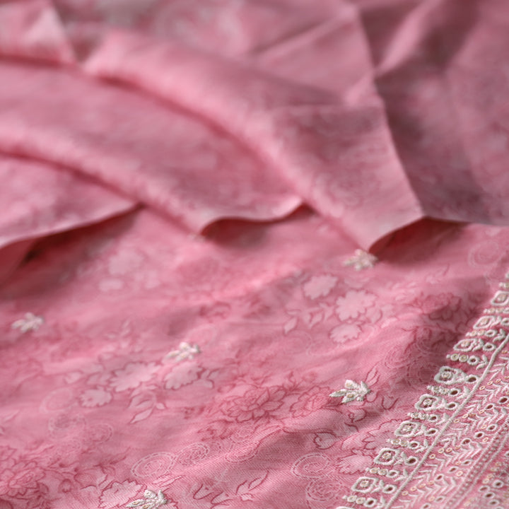 मोहक Petal Pink Floral Print with Thread Work Hem Semi Pashmina Winter Set