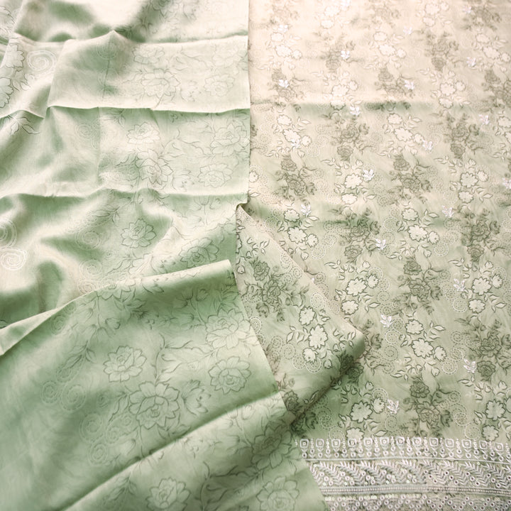 मोहक Fern Green Floral Print with Thread Work Hem Semi Pashmina Winter Set