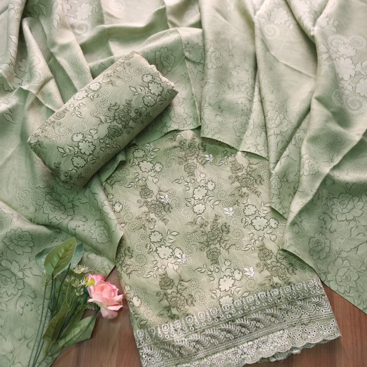 मोहक Fern Green Floral Print with Thread Work Hem Semi Pashmina Winter Set