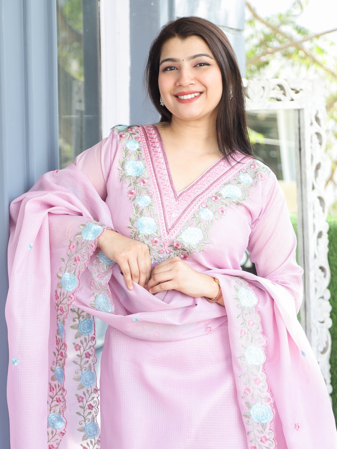 Chandbali Lilly Lilac Floral Embroidered V Neck Work Kota Doriya 3 Piece Set