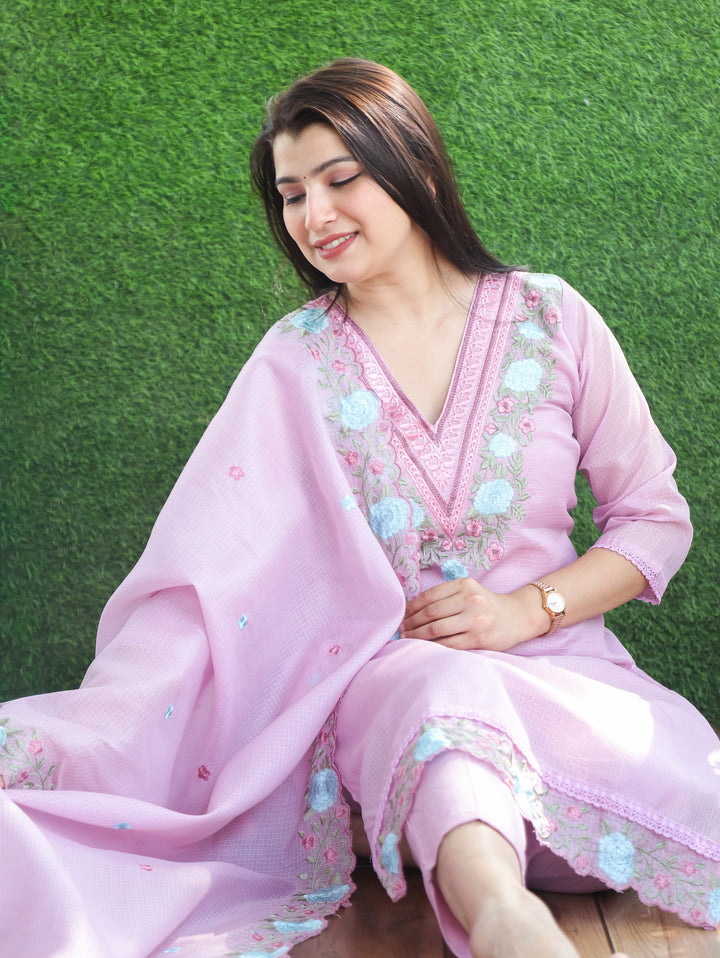 Chandbali Lilly Lilac Floral Embroidered V Neck Work Kota Doriya 3 Piece Set