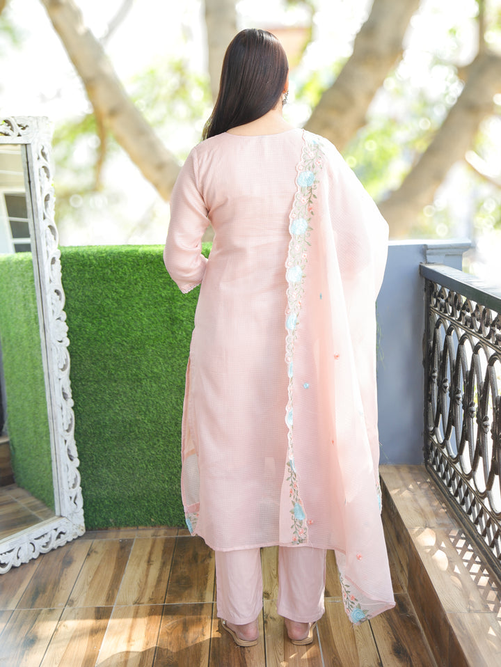 Chandbali Frosty Peach Floral Embroidered V Neck Work Kota Doriya 3 Piece Set