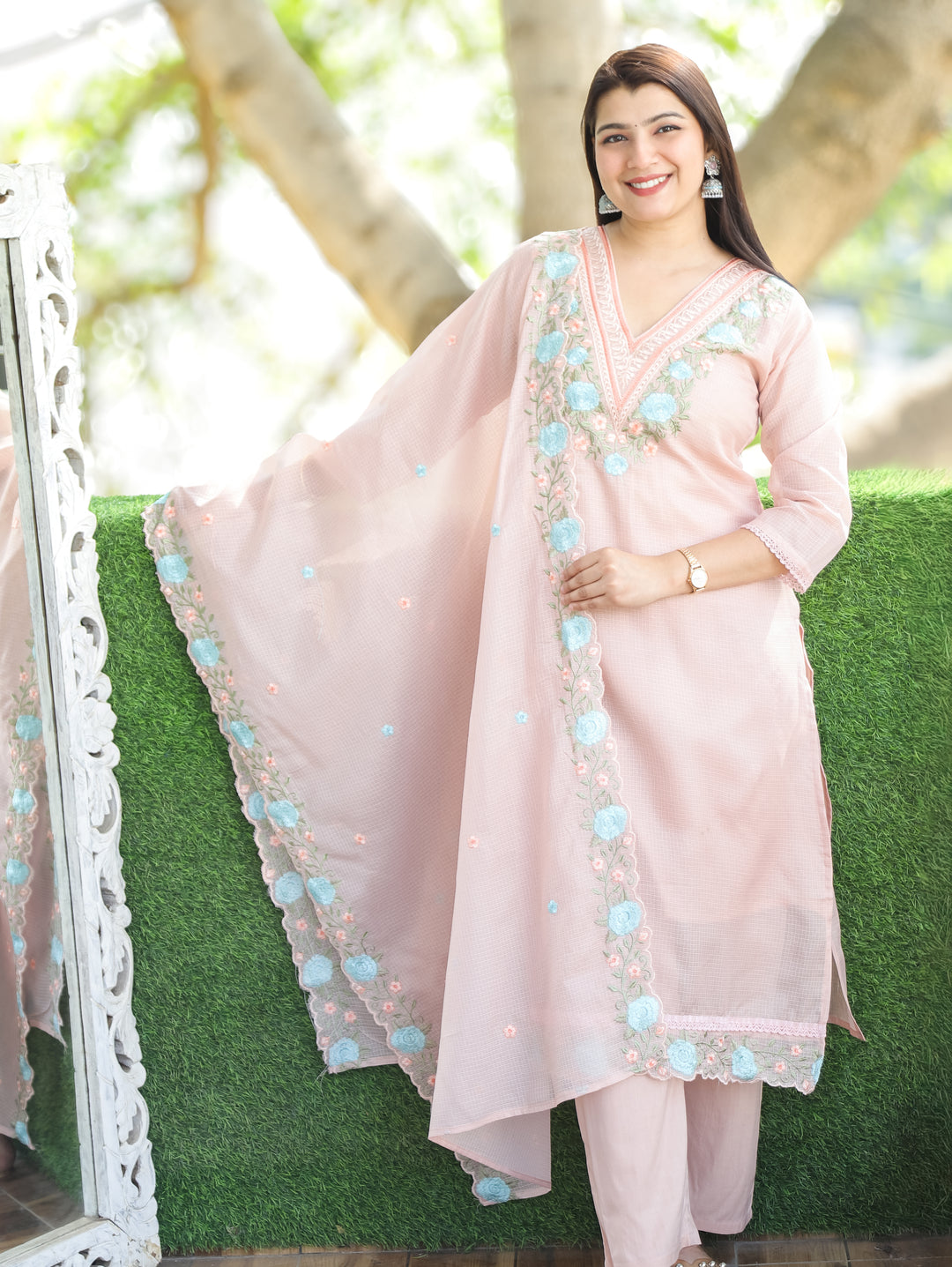Chandbali Frosty Peach Floral Embroidered V Neck Work Kota Doriya 3 Piece Set