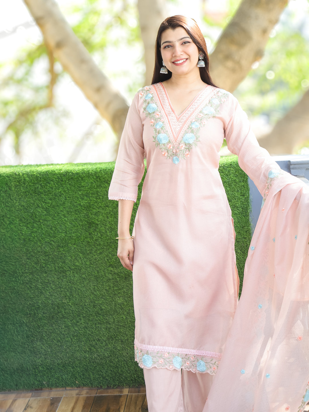 Chandbali Frosty Peach Floral Embroidered V Neck Work Kota Doriya 3 Piece Set