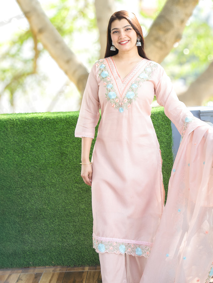 Chandbali Frosty Peach Floral Embroidered V Neck Work Kota Doriya 3 Piece Set