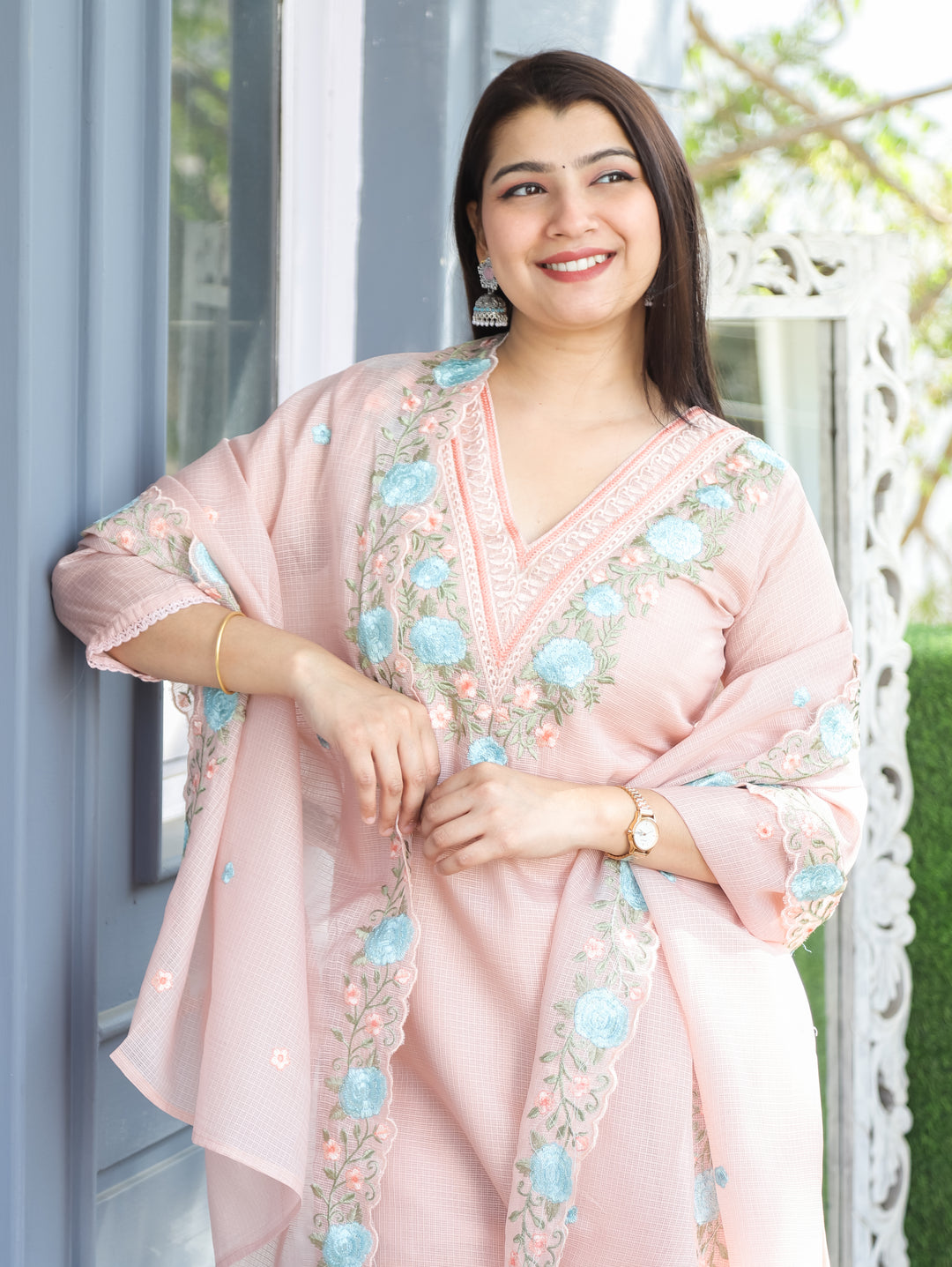Chandbali Frosty Peach Floral Embroidered V Neck Work Kota Doriya 3 Piece Set