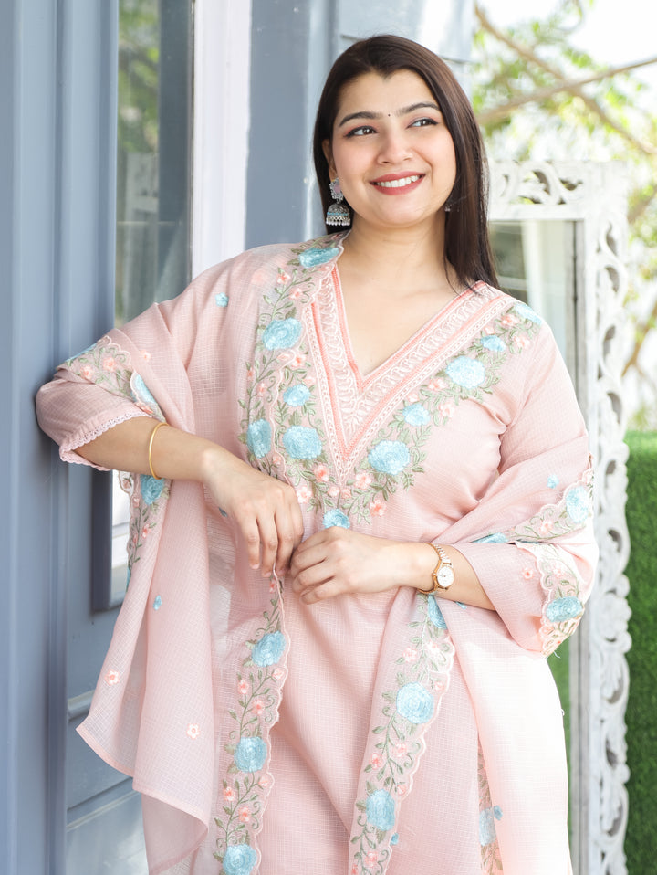 Chandbali Frosty Peach Floral Embroidered V Neck Work Kota Doriya 3 Piece Set
