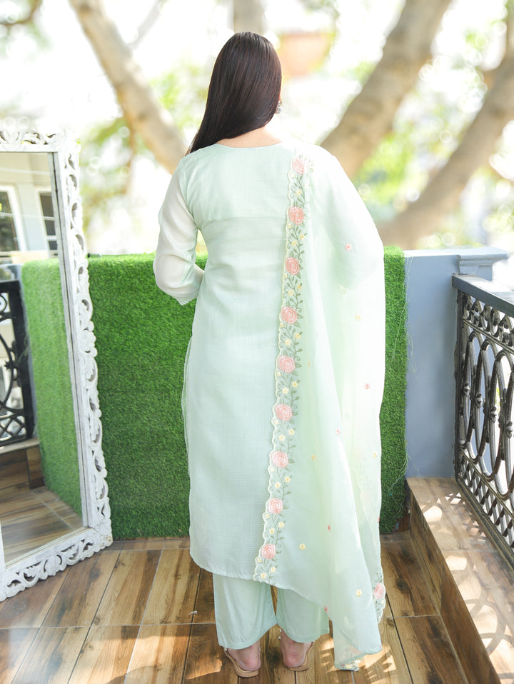 Chandbali MInty Green Floral Embroidered V Neck Work Kota Doriya 3 Piece Set