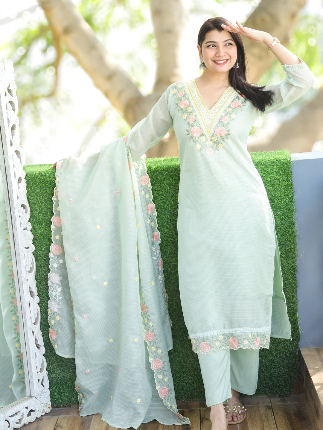 Chandbali MInty Green Floral Embroidered V Neck Work Kota Doriya 3 Piece Set