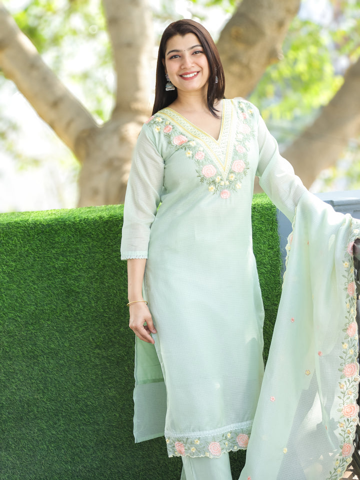 Chandbali MInty Green Floral Embroidered V Neck Work Kota Doriya 3 Piece Set