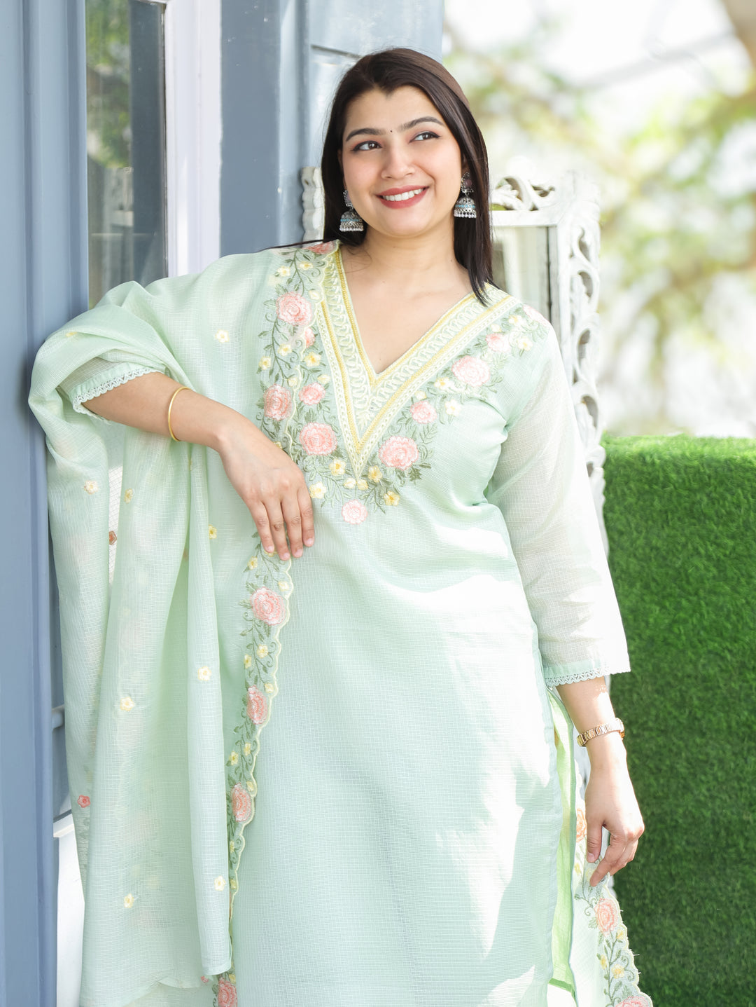 Chandbali MInty Green Floral Embroidered V Neck Work Kota Doriya 3 Piece Set